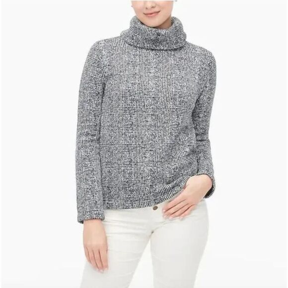 J. Crew Glen Plaid Funnel Neck Thick Fleece‎ Pullover Black Gray Size Small - Picture 1 of 6